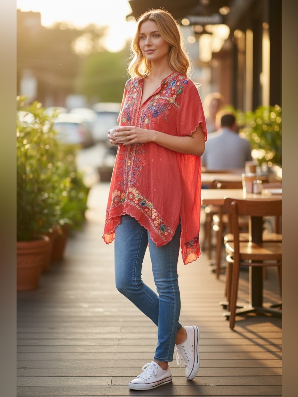 Johnny Was Red Embroidered V-Neck Tunic size L